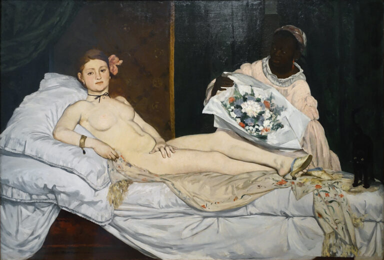 Die Liaison von Kunst und Werbung, Edouard Manet, Olympia, nackte liegende Frau, Blume im Haar
