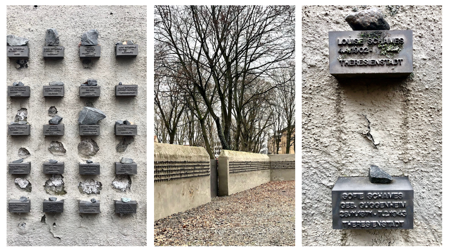 Museum Judengasse, börneplatz Frankfurt, lange Mauer mit Blöcken, auf jeden ein Name von einer deportierten und ermordeten Jüdin/Juden