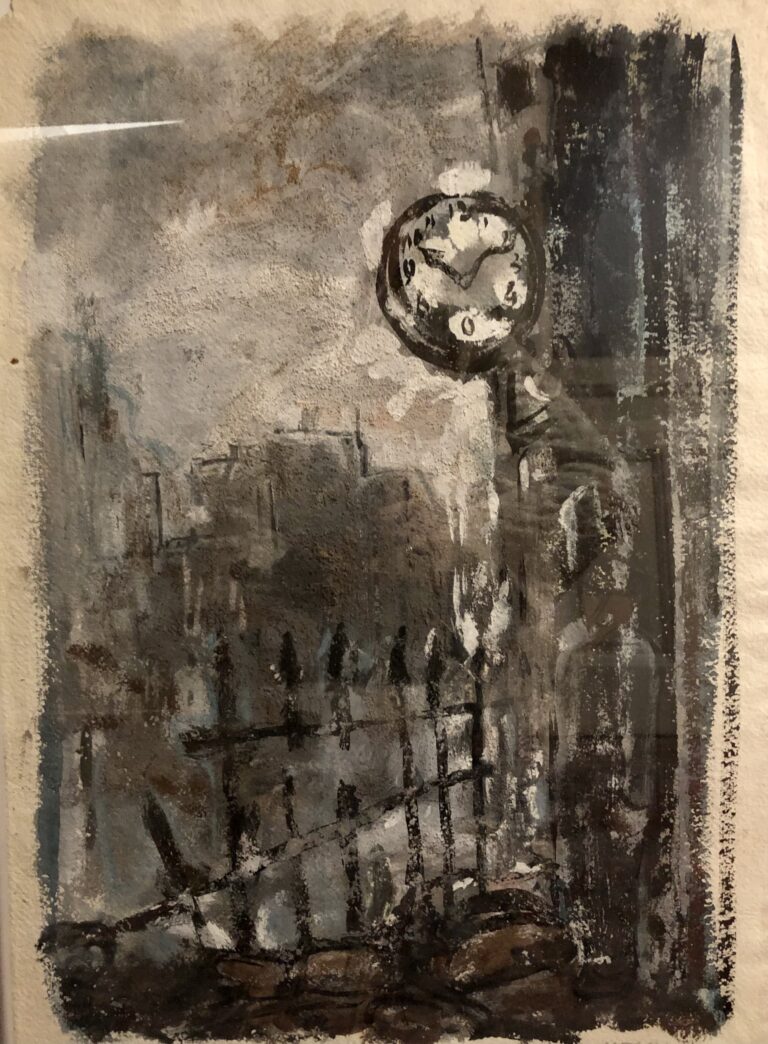 Jüdisches Museum Frankfurt – Samson Schames, Eine Kabinettausstellung im Jüdischen Museum Frankfurt würdigt Samson Schames , Samson Schames, Zehn nach Zehn, 1941, Tempera und Gouache mit Sand auf Papier, eine Uhr an der rechten oberen Ecke zeigt die Uhrzeit 10 nach 10, in schwarz und grau gehaltenes düsteres Bild von einem zerstörten Zaun und dahinter Gebäude