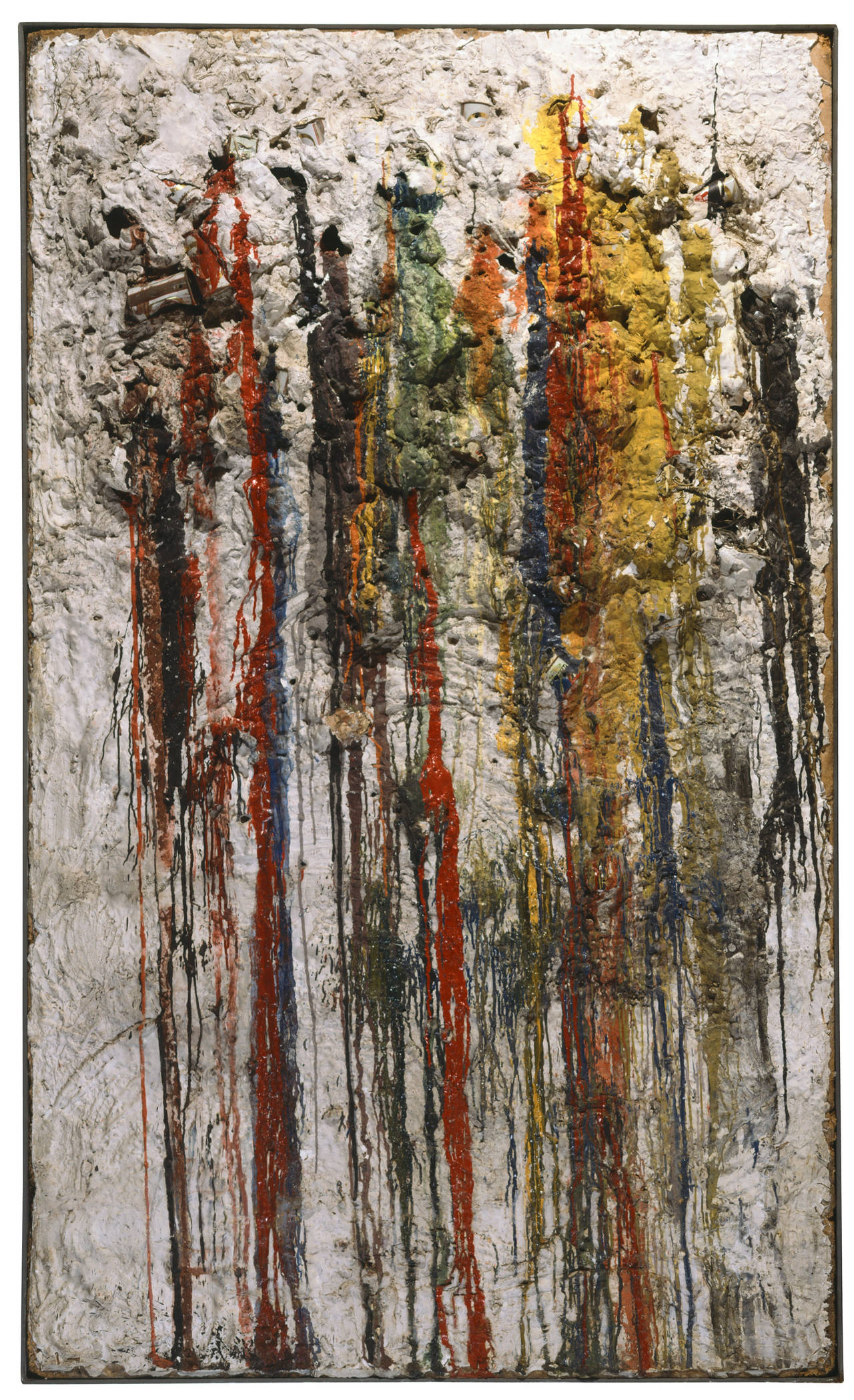 Niki de Saint Phalle, Ausstellungsansicht, schirn Kunsthalle Frankfurt 2023, Schießbild, fragen quellen aus Gipsreliefs 