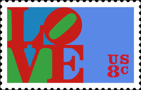 US-Briefmarke mit Abbildung LOVE von Robert Indiana, 8cent Briefmarke, rot blau grün