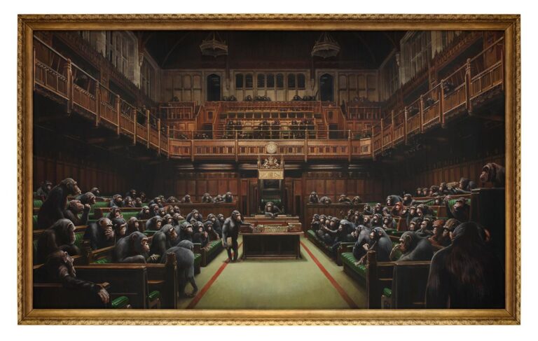Banksys künstlerischer Aktivismus begeistert die Welt – Graffiti oder Kunst? | Was kann Kunst Banksys künstlerischer Aktivismus begeistert die Welt –, bild auf Leinwand, äffen im Parlament, Brexit