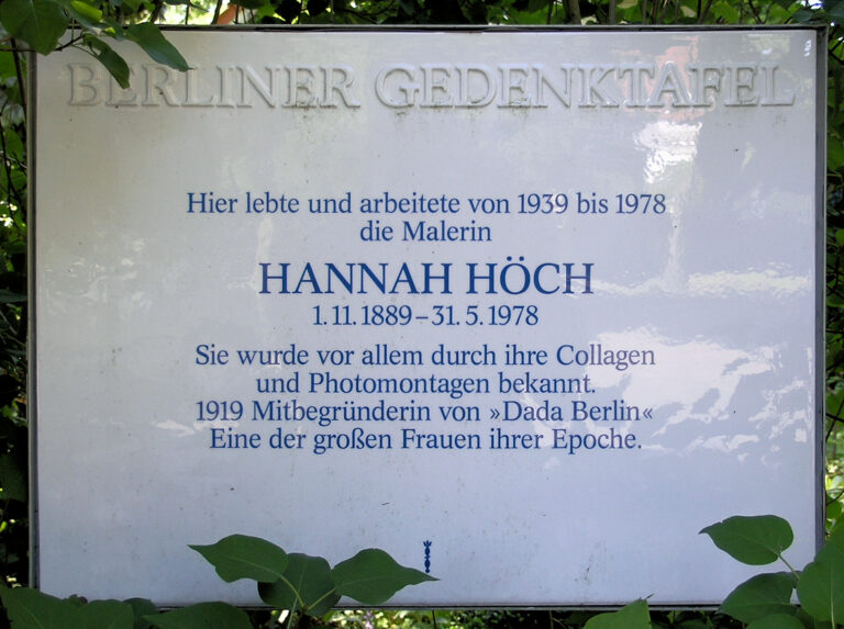 Collage as the language of Dadaism: the avant-garde art of Hannah Höch, memorial plaque in white with blue lettering in Berlin