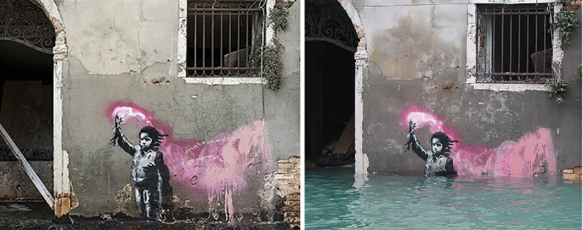 Banksys künstlerischer Aktivismus begeistert die Welt – Graffiti oder Kunst? Venedig, Klimakrise, Junge an Hauswand mit Wasser bis zum Hals 