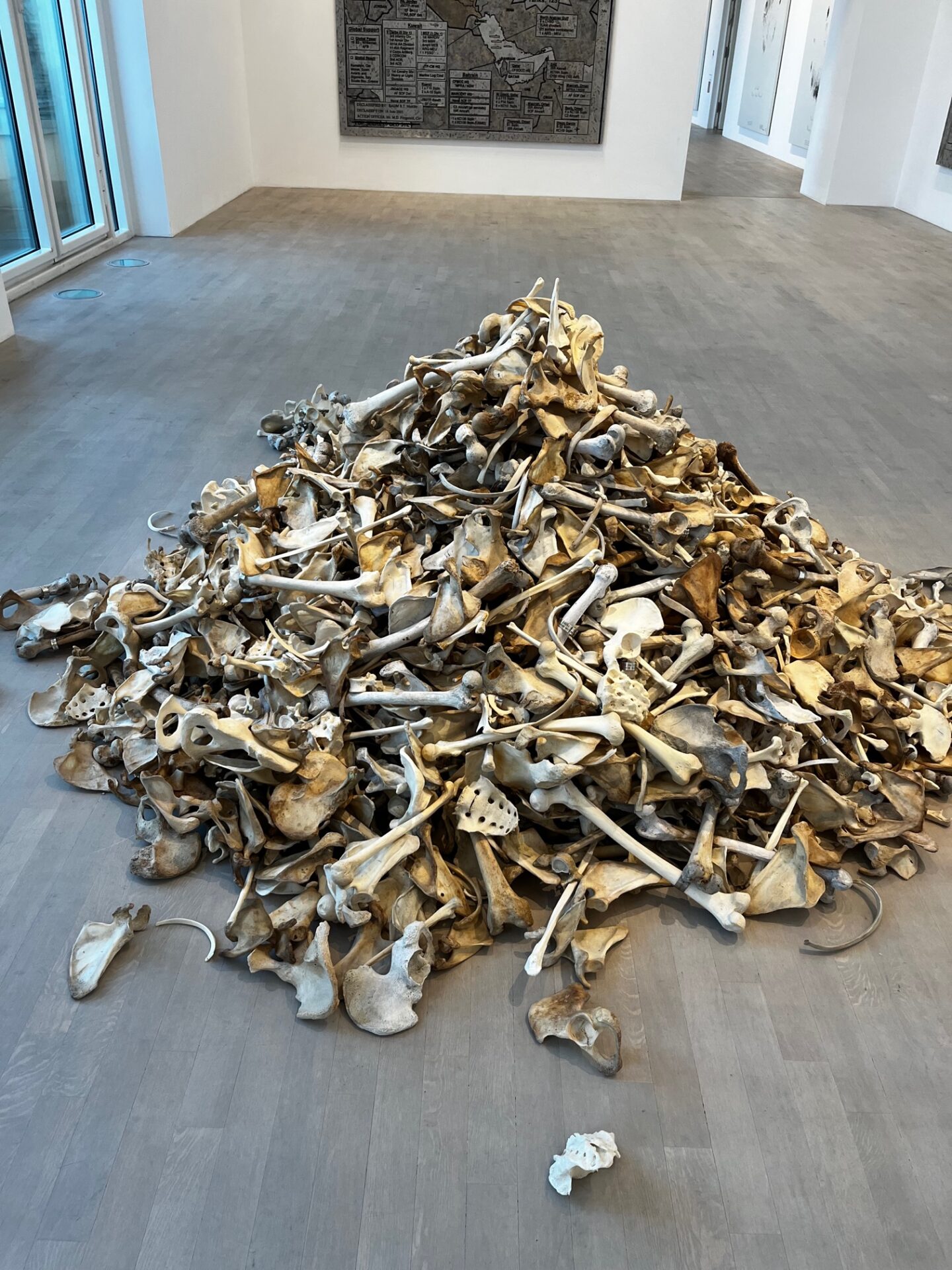 Ausstellungsansicht von Jenny Holzers Ausstellung im K 21 in Düsseldorf, ein großer Haufen mit Knochen, Beckenschaufel und Oberschenkelknochen sind zu erkennen,
