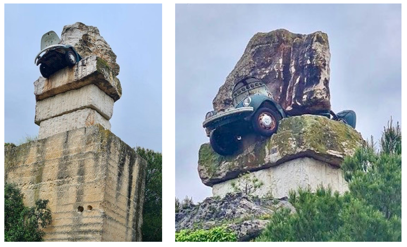 Himmelhoch und abgrundtief – Paradisos Skulpturenpark in Matera, Mausoleum des Ikarus, Zwischen riesigen Steinen ist ein VW Käfer zerquetscht