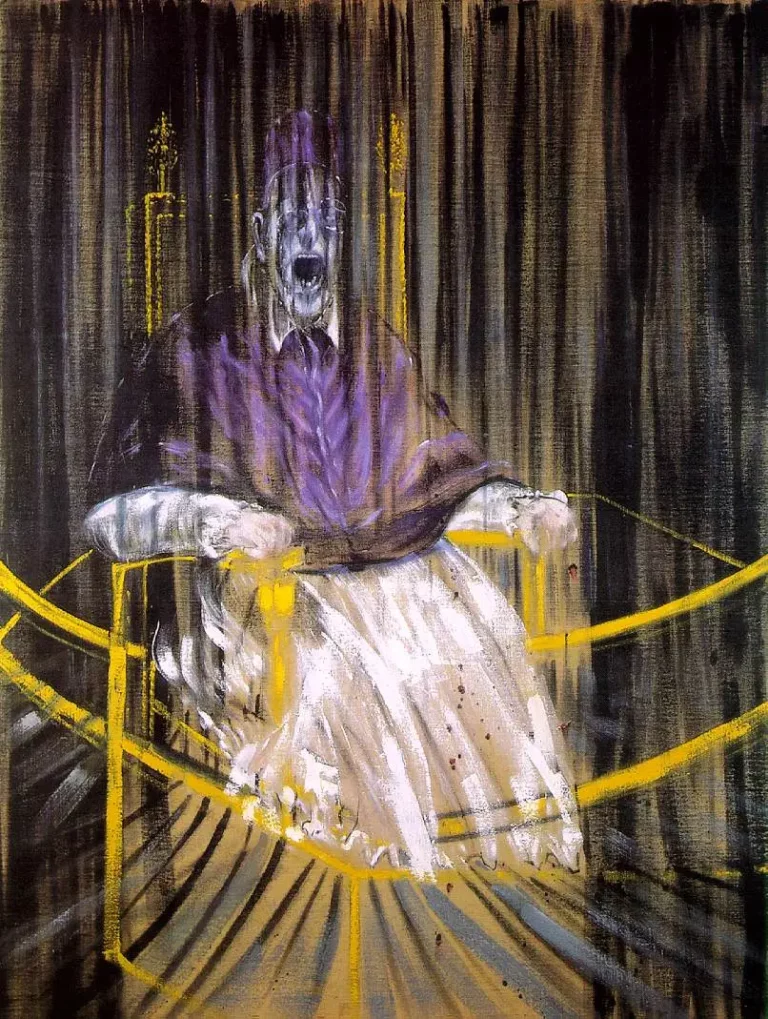 Francis Bacon, Papst innozenz X, Studie, schreiender Papst im lila Gewand auf Stuhl, Studie nach Velazqzues